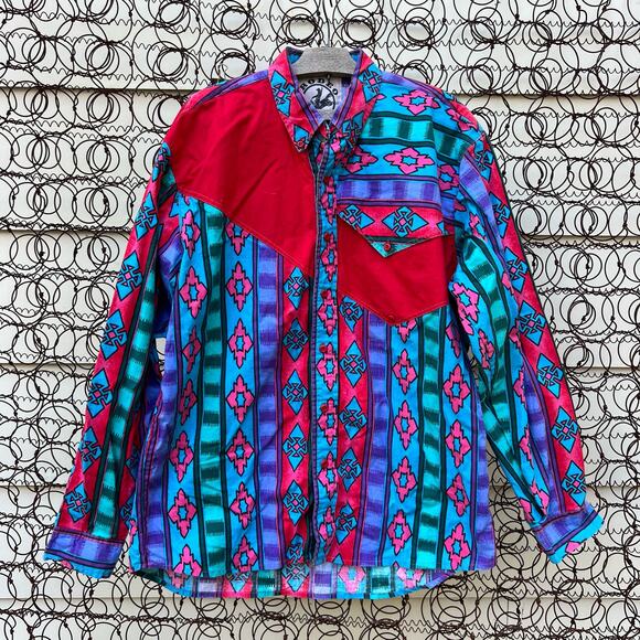 Epic 90s Rodeo Active Neon Southwestern Aztec Asymmetric Flap Western Shirt LG - Picture 1 of 7